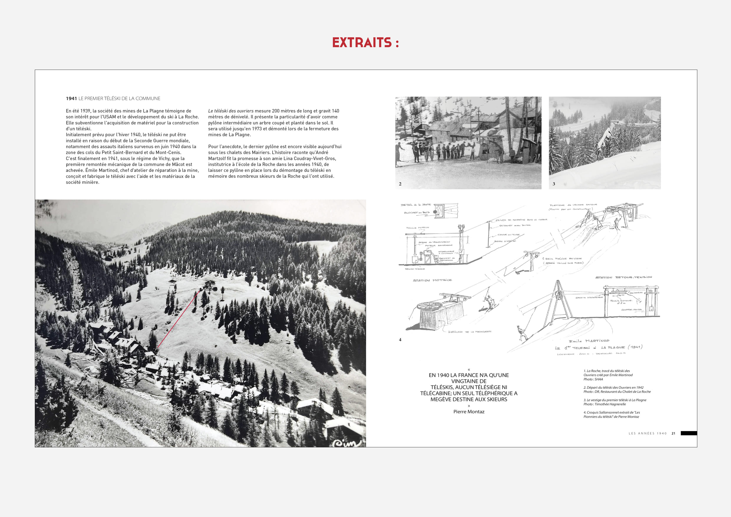 Extrait du livre montrant une page sur l'histoire du ski à La Plagne dans les années 1940