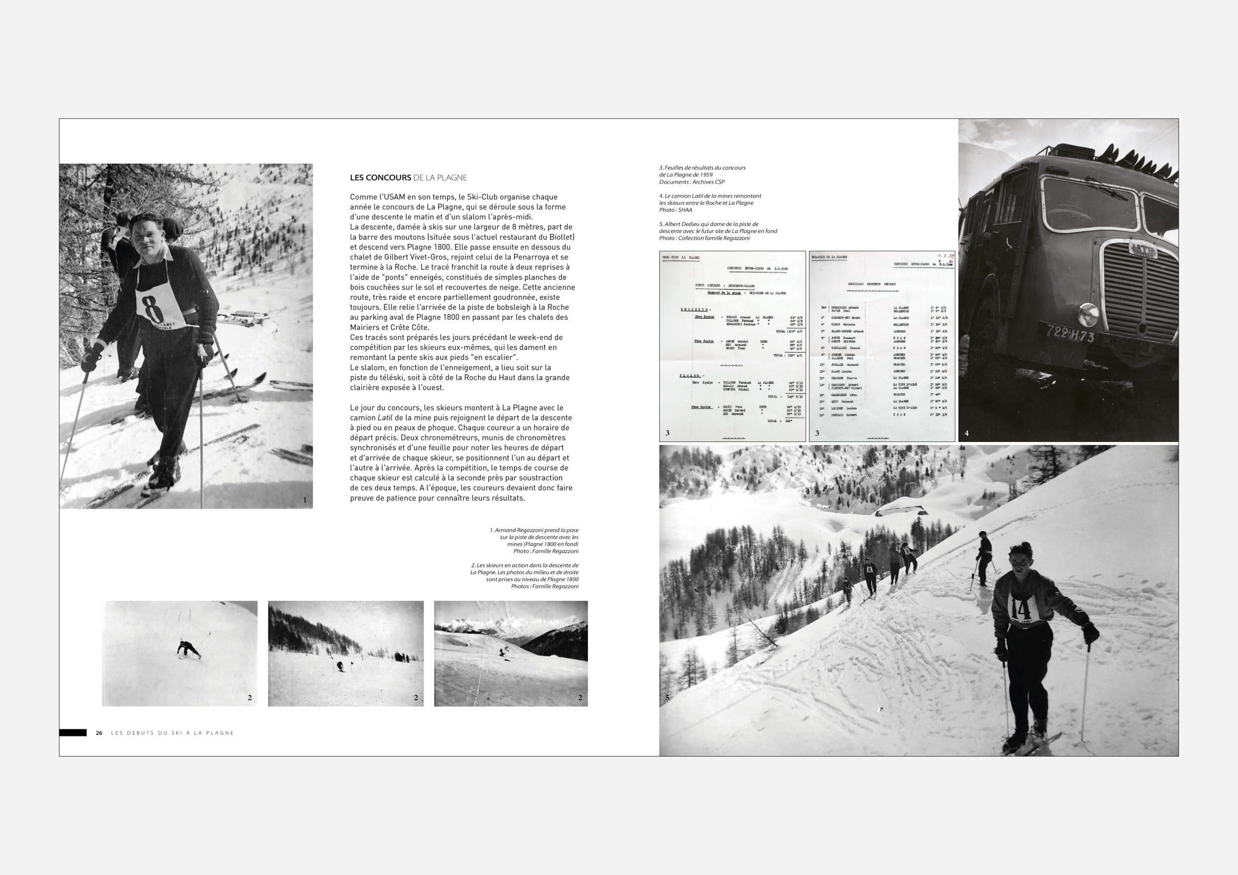 Extrait du livre avec des photos et textes sur le ski à La Plagne dans les années 1950