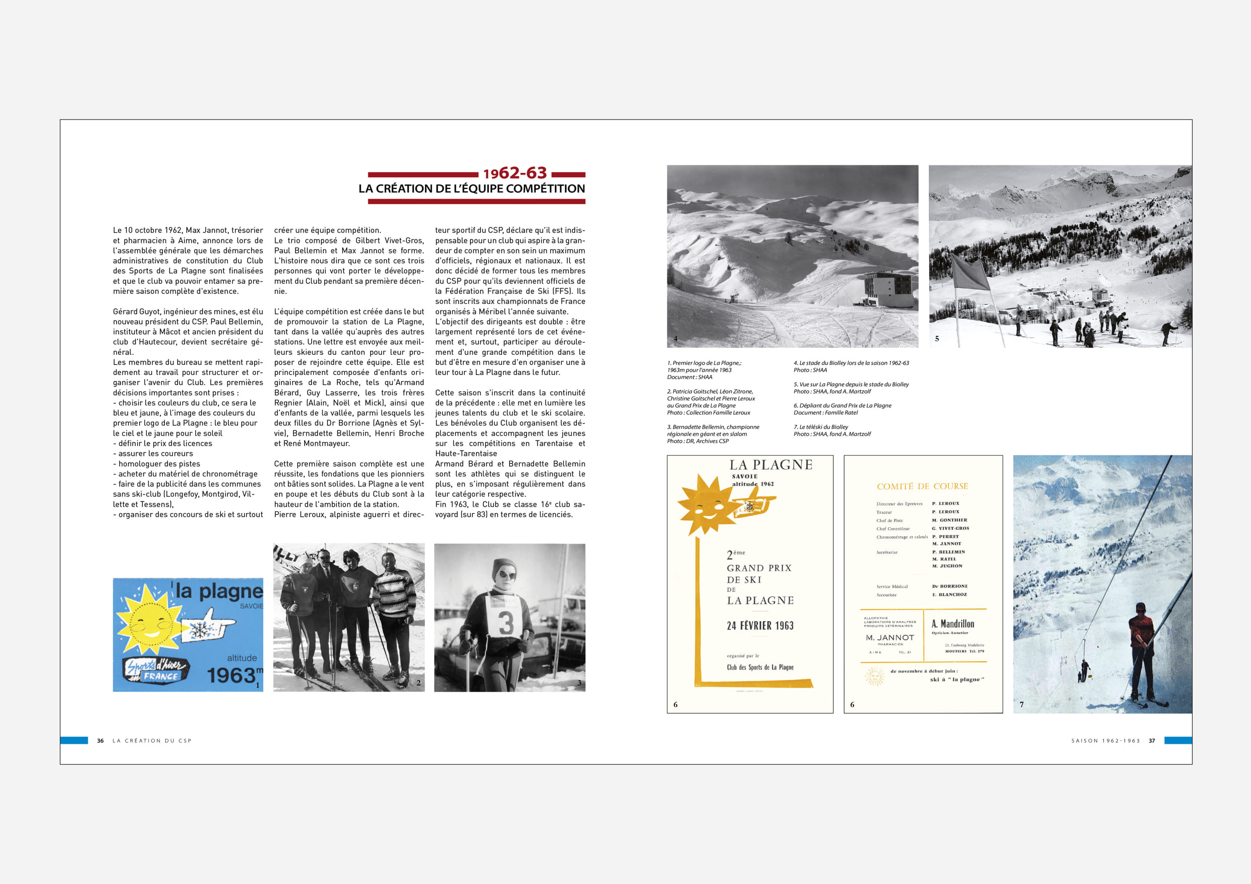 Page du livre montrant des archives et photos inédites du Club des Sports de La Plagne des années 1960